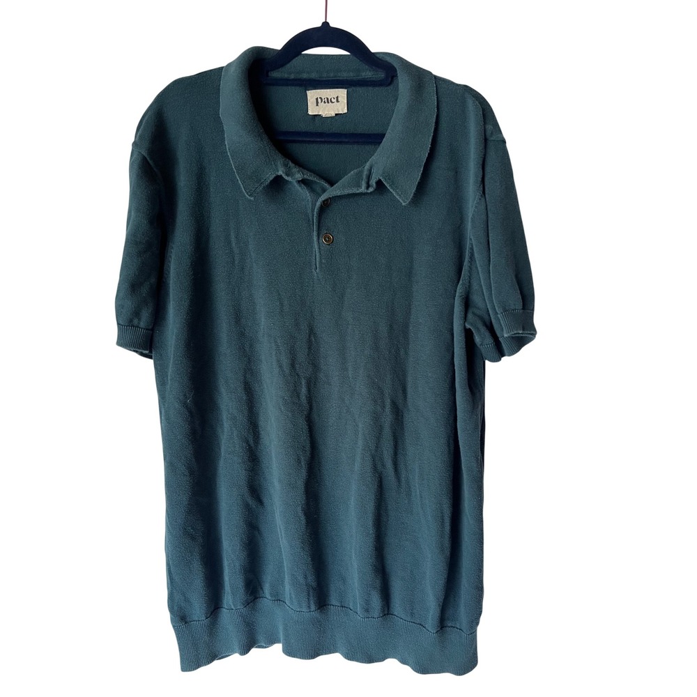Pact Mens Organic Cotton Sweater Polo Shirt Teal Green Short Sleeve Large